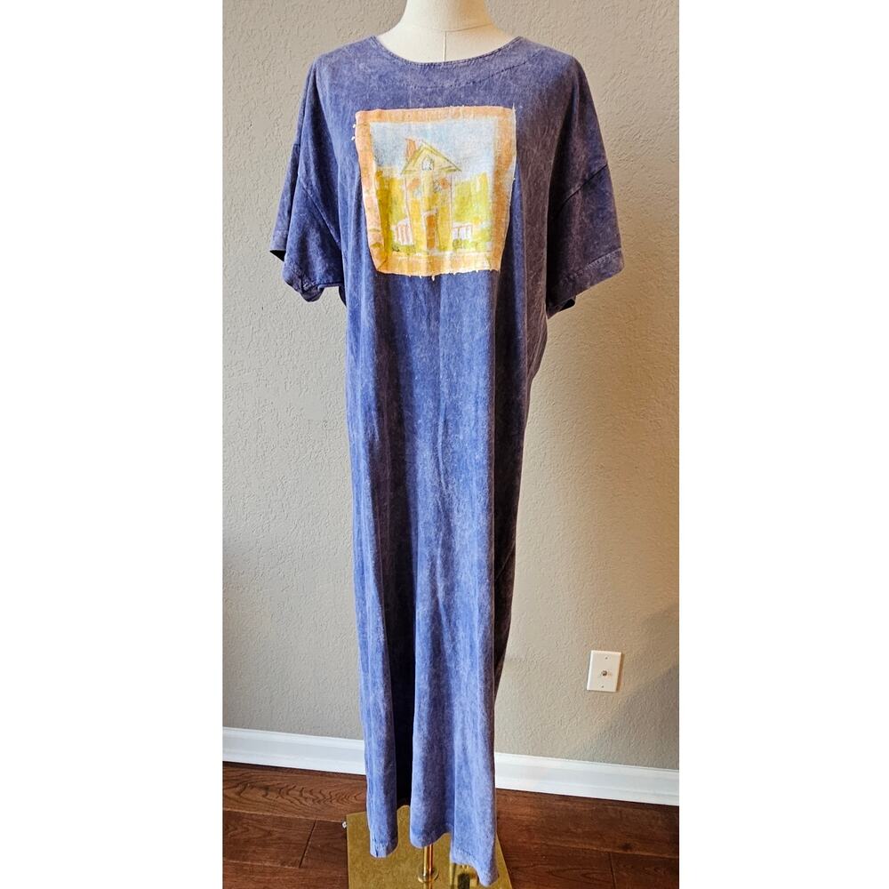 Vintage Liz & Jane Short Sleeve Crew Neck Maxi T-Shirt Dress Blue Women Size S/M